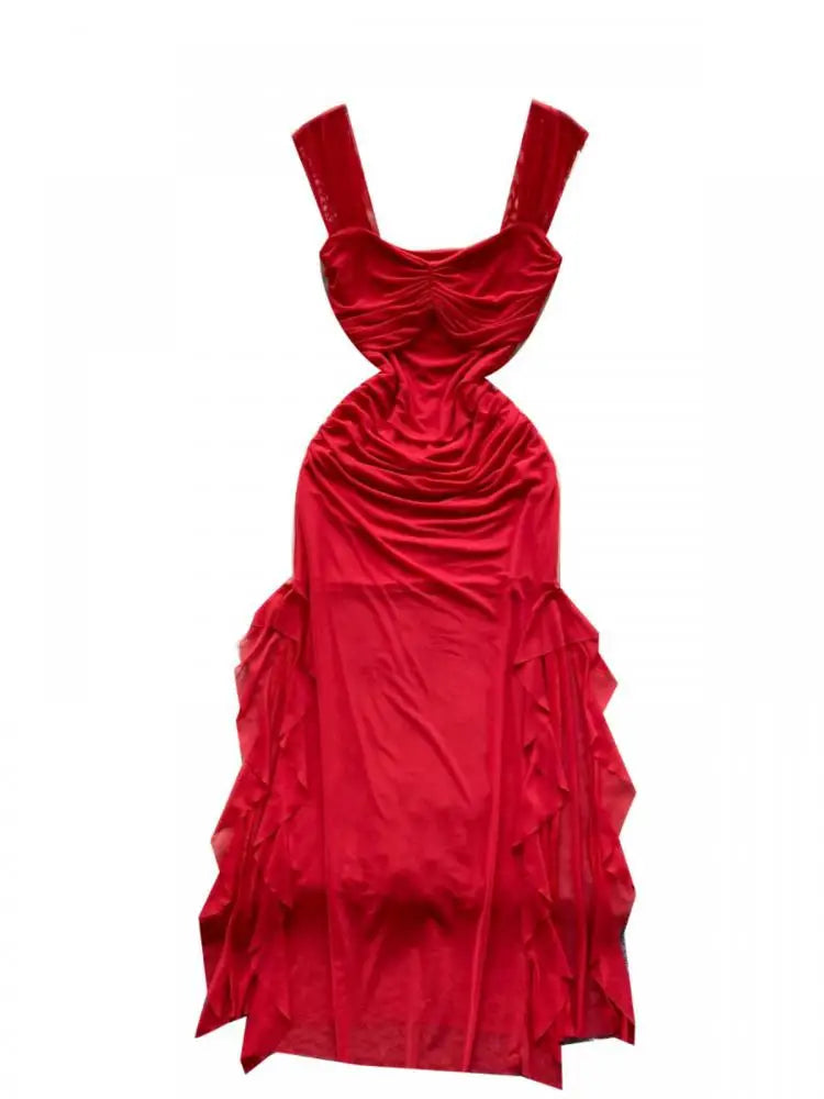 French Summer Fashion Women Black White Vacation Ruffle Edge Slip Long Dress Red Sexy Backless Slim Irregular Pleated Mesh Dress