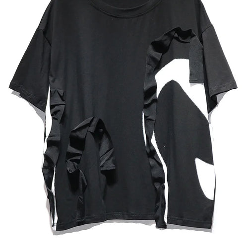 Load image into Gallery viewer, Women Black Ribbon Color-block Big Size Casual T-shirt New Round Neck Short Sleeve Fashion Tide Spring Summer 2025 1DJ0423
