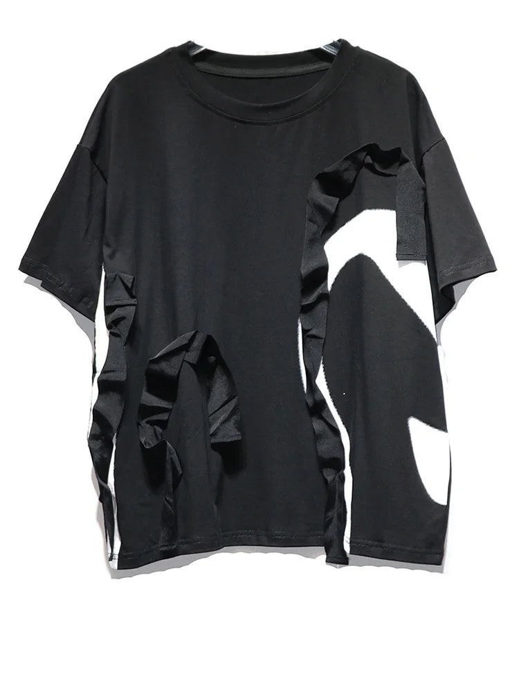 Women Black Ribbon Color-block Big Size Casual T-shirt New Round Neck Short Sleeve Fashion Tide Spring Summer 2025 1DJ0423