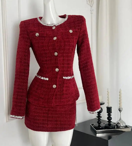 New Vintage 2024 Women Autumn Winter Red Round Neck Single Breasted Cardigan Coat And High Waist Short Skirt Two Piece Set Trend