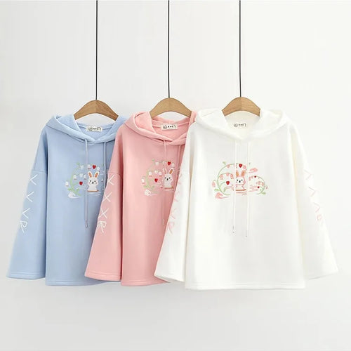 Load image into Gallery viewer, Fleece Thick Women Hoodies And Sweatshirts Cartoon Rabbit Embroidery Winter Flare Sleeve Kawaii Pullover Tracksuits
