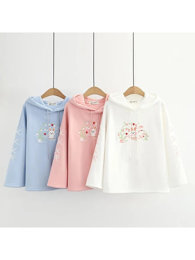 Fleece Thick Women Hoodies And Sweatshirts Cartoon Rabbit Embroidery Winter Flare Sleeve Kawaii Pullover Tracksuits