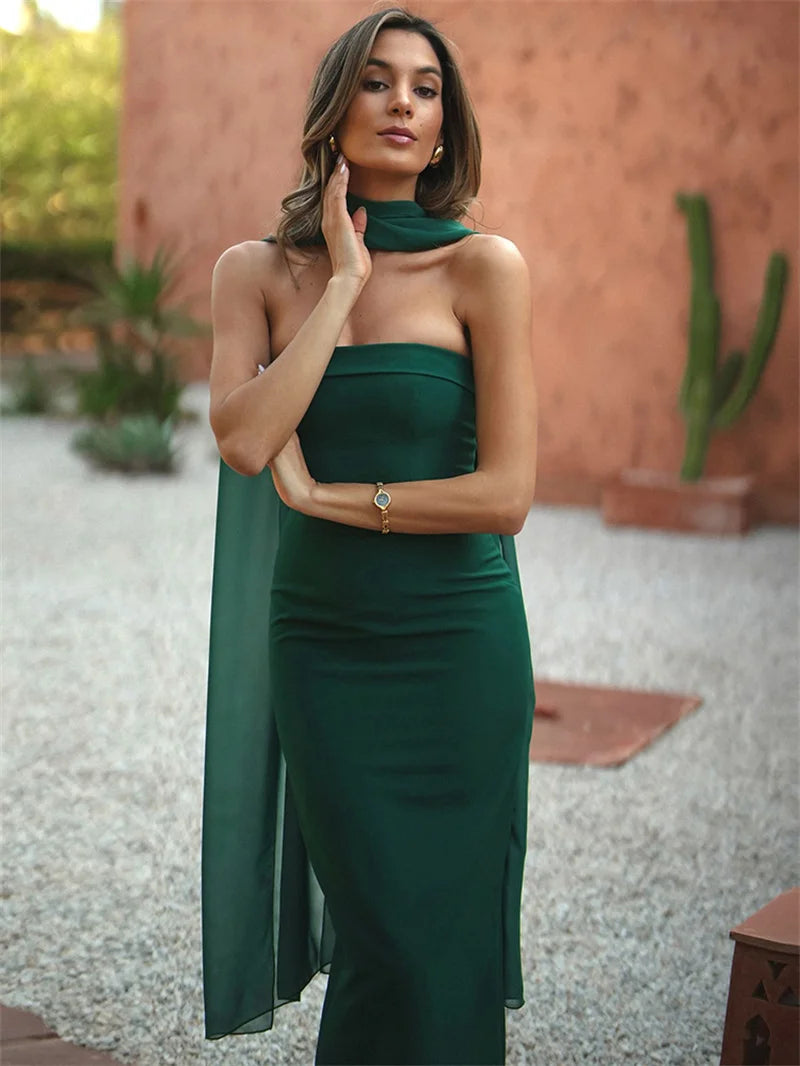 Scarf Collar Strapless Sexy Maxi Dress Women Gown Off-shoulder Sleeveless Backless Bodycon Club Party Long Dress 2025