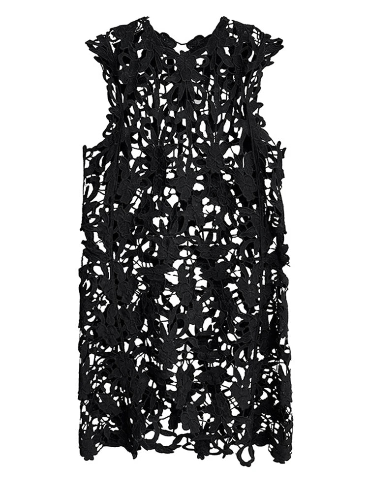 Women Black Lace Hollow Out Perspective Big Size Dress New Round Neck Sleeveless Fashion Tide Spring Summer 2025 1DJ0243