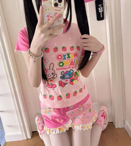 Japanese Kawaii Cartoon Print Tshirt Women Harajuku Color Patchwork Lace Sleeve Fairy T-shirt Y2k Aesthetic Grunge Cropped Tees