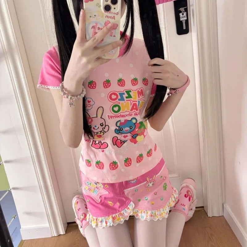 Japanese Kawaii Cartoon Print Tshirt Women Harajuku Color Patchwork Lace Sleeve Fairy T-shirt Y2k Aesthetic Grunge Cropped Tees