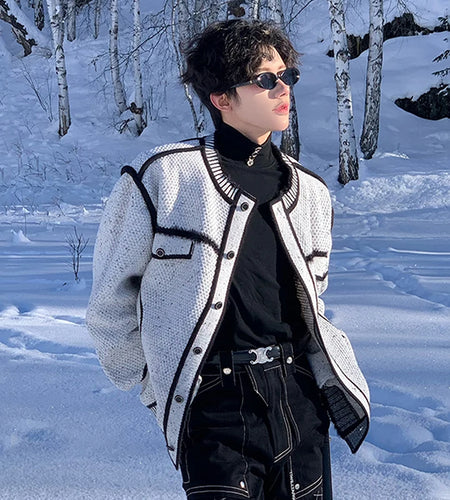 Korean Style Men's Knitting Top Round Collar Single Breasted Contrast Color Loose Male Sweater Personalized Cardigan 9C9360