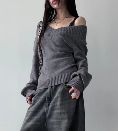 Y2k Aesthetic Two Pieces Set Women Harajuku Casual Loose Pullover Sweater + Fairy Lace Patchwork Vest Top Outfits 2025 Spring