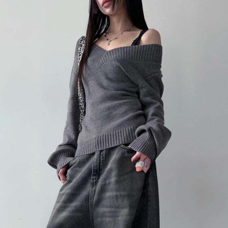 Y2k Aesthetic Two Pieces Set Women Harajuku Casual Loose Pullover Sweater + Fairy Lace Patchwork Vest Top Outfits 2025 Spring