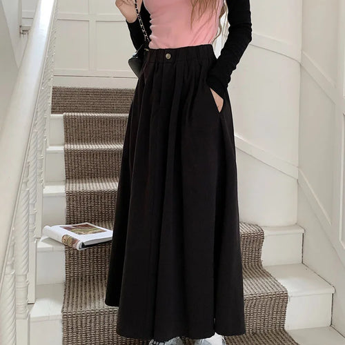 Load image into Gallery viewer, Khaki Elegant Pleated Skirt For Women Pockets Office Ladies Casual A-line Elastic High Waist Black Long Skirt 2023 Autumn Winter
