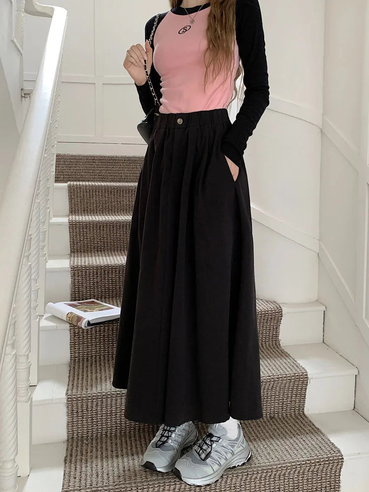 Khaki Elegant Pleated Skirt For Women Pockets Office Ladies Casual A-line Elastic High Waist Black Long Skirt 2023 Autumn Winter