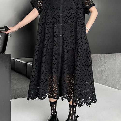 Load image into Gallery viewer, Women Black Lace Hollow Out Big Size Midi Shirt Dress New Lapel Short Sleeve Fashion Tide Spring Summer 2025 1DJ1166

