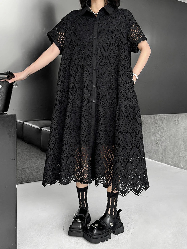 Women Black Lace Hollow Out Big Size Midi Shirt Dress New Lapel Short Sleeve Fashion Tide Spring Summer 2025 1DJ1166