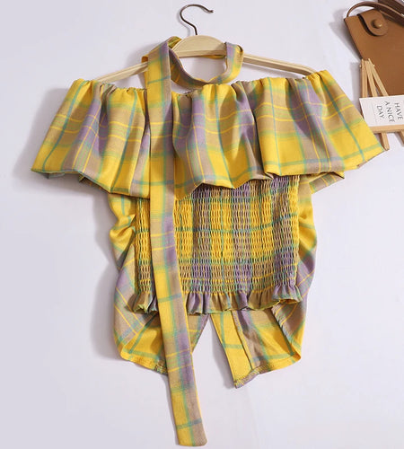 Women's Sweet Off Shoulder Yellow Plaid Patchwork Ruffle Edge Short Sleeved T-shirt Pink Slim Top Korean Fashion Summer 2024 New