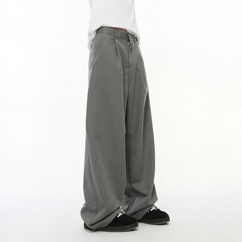 Simple Men's Suit Pants Pleated Silhouette Drooping Casual Wide Leg Trousers 2024 Male Solid Color Bottom American 9C7298