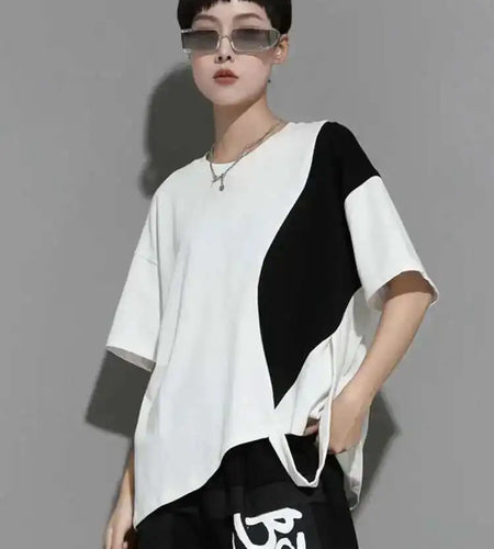 Women White Color-block Irregular Big Size T-shirt New Round Neck Half Sleeve Fashion Tide Spring Summer 2025 1DE8661