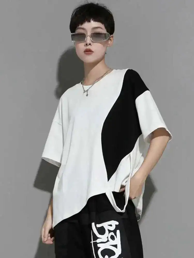 Women White Color-block Irregular Big Size T-shirt New Round Neck Half Sleeve Fashion Tide Spring Summer 2025 1DE8661
