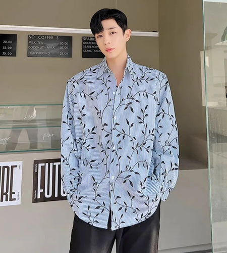 Striped Men's Shirts Long Sleeves Korean New Fashion Leaf Printed Male Single Breasted Male Clothing Lapel Shirt 9W1404