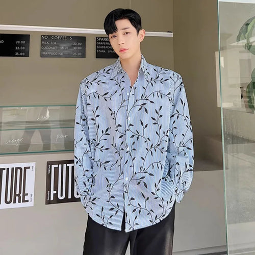 Load image into Gallery viewer, Striped Men's Shirts Long Sleeves Korean New Fashion Leaf Printed Male Single Breasted Male Clothing Lapel Shirt 9W1404

