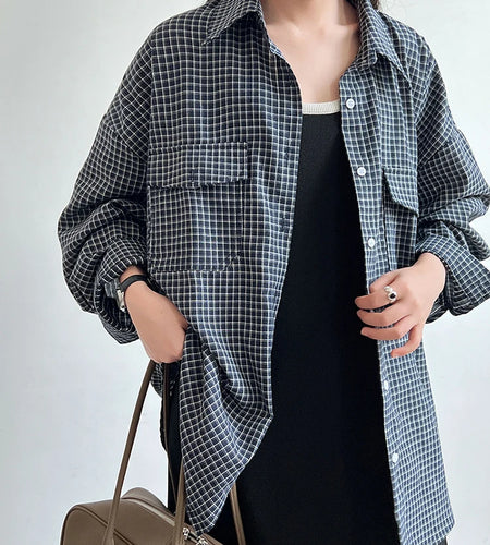 Women Black Plaid Pocket Vintage Big Size Casual Blouse New Lapel Long Sleeve Shirt Fashion Spring Autumn 2025 1DJ1048