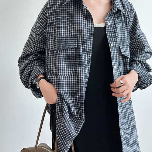 Load image into Gallery viewer, Women Black Plaid Pocket Vintage Big Size Casual Blouse New Lapel Long Sleeve Shirt Fashion Spring Autumn 2025 1DJ1048
