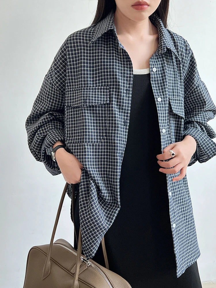 Women Black Plaid Pocket Vintage Big Size Casual Blouse New Lapel Long Sleeve Shirt Fashion Spring Autumn 2025 1DJ1048