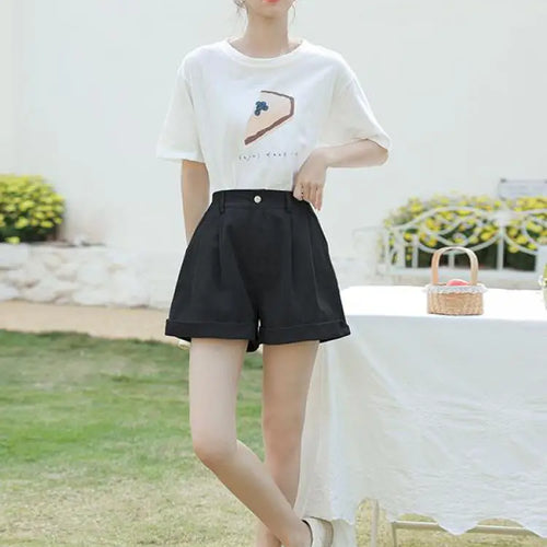 Load image into Gallery viewer, Spring Summer High Waist Solid Student Cotton Shorts Women Fashion Casual Versatile Button Pleated Short Pants Simplicity Korean
