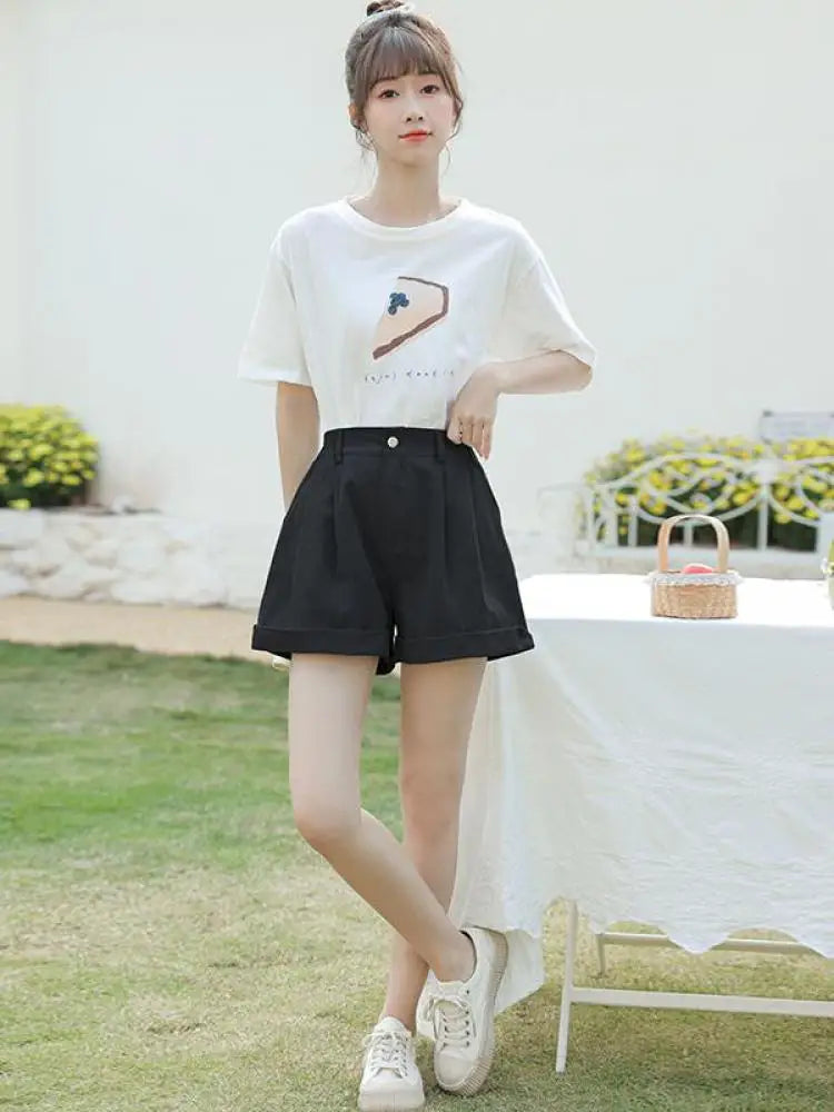 Spring Summer High Waist Solid Student Cotton Shorts Women Fashion Casual Versatile Button Pleated Short Pants Simplicity Korean