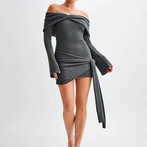 Load image into Gallery viewer, Off-shoulder Knit Mini Dress For Women Autumn Winter New Strapless Backless Long Sleeve Ruched Draped Knitted Dress
