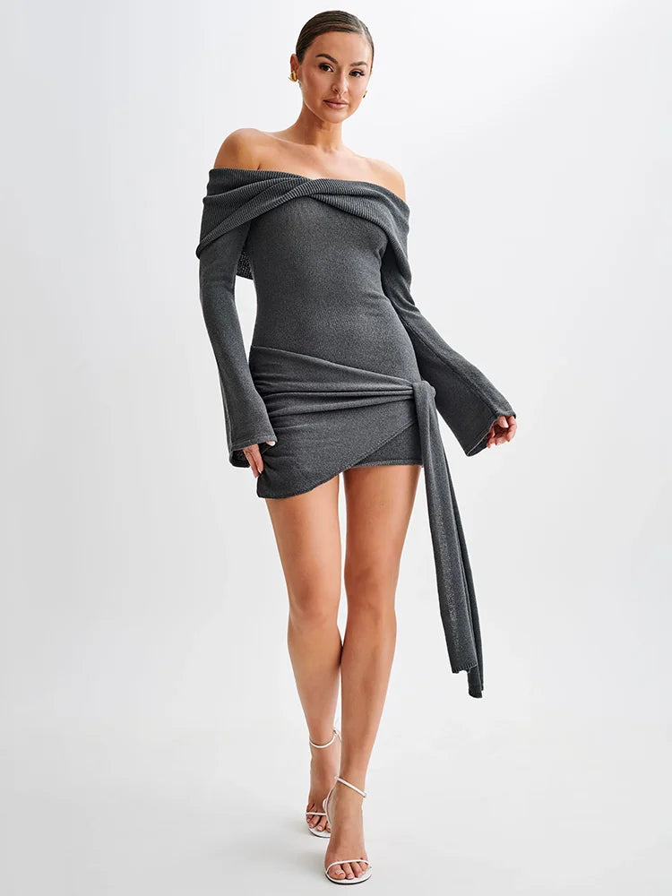 Off-shoulder Knit Mini Dress For Women Autumn Winter New Strapless Backless Long Sleeve Ruched Draped Knitted Dress