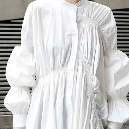 Load image into Gallery viewer, Women Blue Irregular Pleated Big Hem Shirt Dress New Stand Neck Long Sleeve Loose Fashion Tide Spring Autumn 2025 1DF9549
