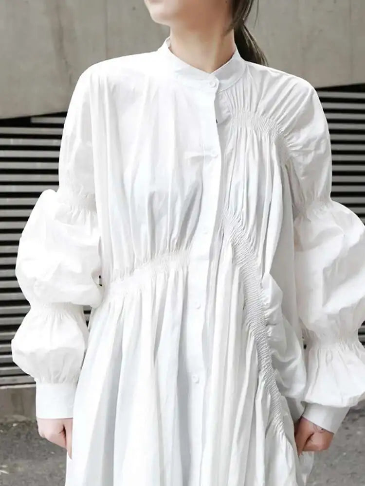 Women Blue Irregular Pleated Big Hem Shirt Dress New Stand Neck Long Sleeve Loose Fashion Tide Spring Autumn 2025 1DF9549