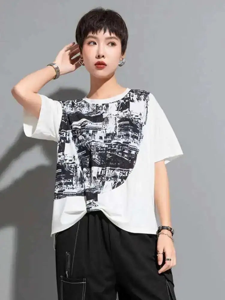 Women Black Printed Irregular Pleated Big Size T-shirt New Round Neck Short Sleeve Fashion Tide Spring Summer 2025 1DF8956