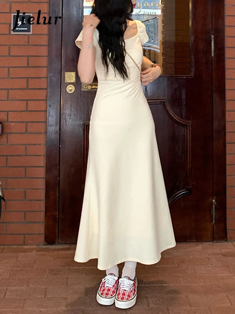 Milky White French Style Slim Waist Female Dresses Square Neck Short Sleeve Sweet Fashion Women Dress Vacation Party Club