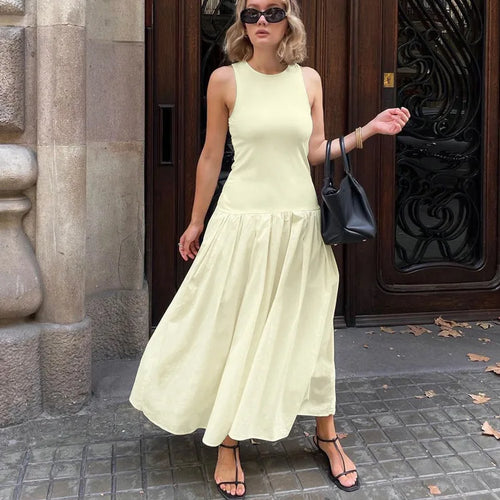 Load image into Gallery viewer, Patchwork Sleeveless Maxi Dress For Women Autumn New Casual Solid O Neck Loose A-line Long Tank Dress Elegant Fashion
