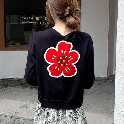 Load image into Gallery viewer, Fall Floral Embroidery Sweater Coat Slim V-neck Long Sleeve Knitted Cardigan Vintage Outerwear Chic Tops C-269
