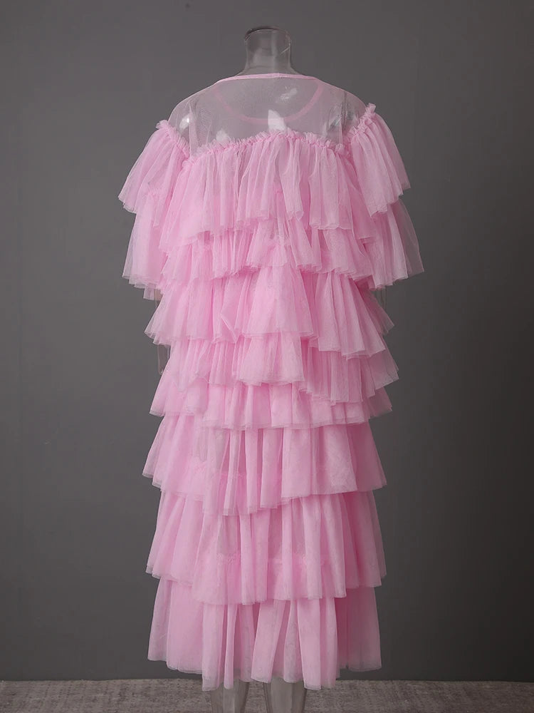 Mesh T-shirt Cake Half-body Skirt Two Pieces Suit New Round Neck Short Sleeve Women Fashion Spring Summer 2025 CPG3209