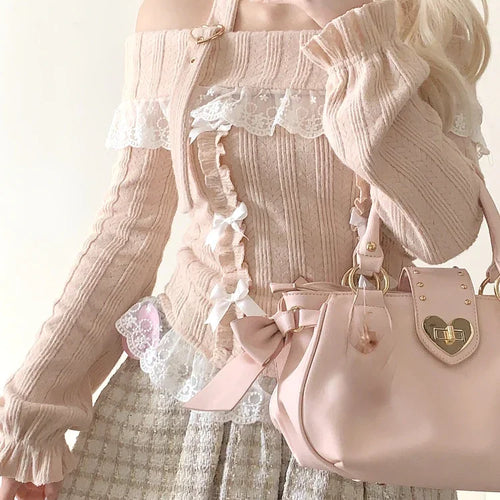 Load image into Gallery viewer, Lolita Slash Neck Halter Sweater Women 2025 Kawaii Lace Patchwork Y2k Aesthetic Grunge Bottoming Crop Tops Pullover Knitwear
