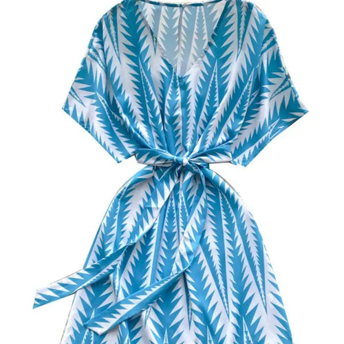 Load image into Gallery viewer, French Retro Women Blue Print V Neck Short Sleeved Festival Mini Dress Summer Elegant Bandage Vacation Party Dress Fashion Trend
