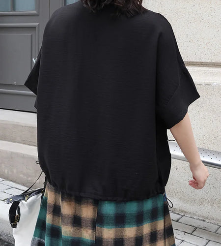 Women Black  Drawstring Big Size Casual T-shirt New Round Neck Short Sleeve Fashion Tide Spring Summer 2025 1DJ0427