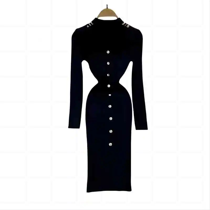 Black Single Breasted Dresses Ladies 2023 Autumm Winter Korean Style Beige Sweater Knitted Office Lady Elegant Red Dress Fashion