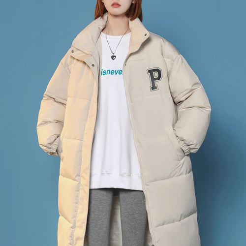 Load image into Gallery viewer, Casual P Letter Print Cotton Jackets Women Bread Coat Female Korean Parkas Loose Brown White Jacket Woman Medium Length
