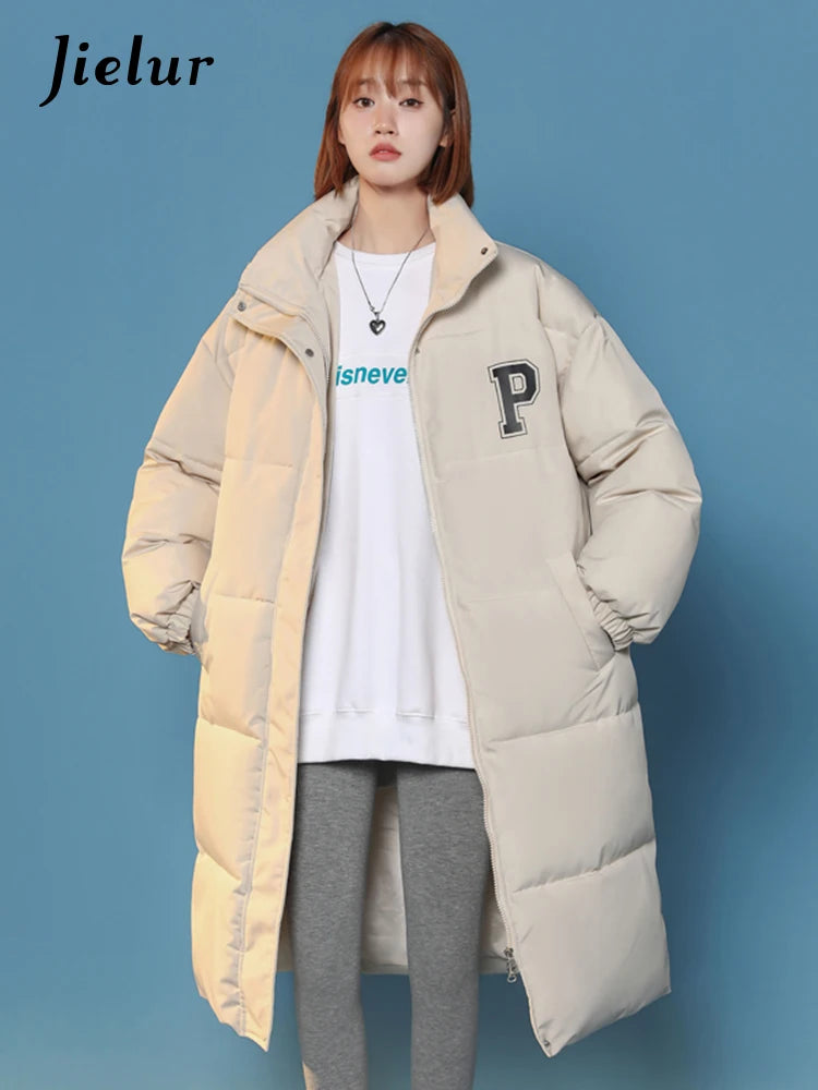 Casual P Letter Print Cotton Jackets Women Bread Coat Female Korean Parkas Loose Brown White Jacket Woman Medium Length