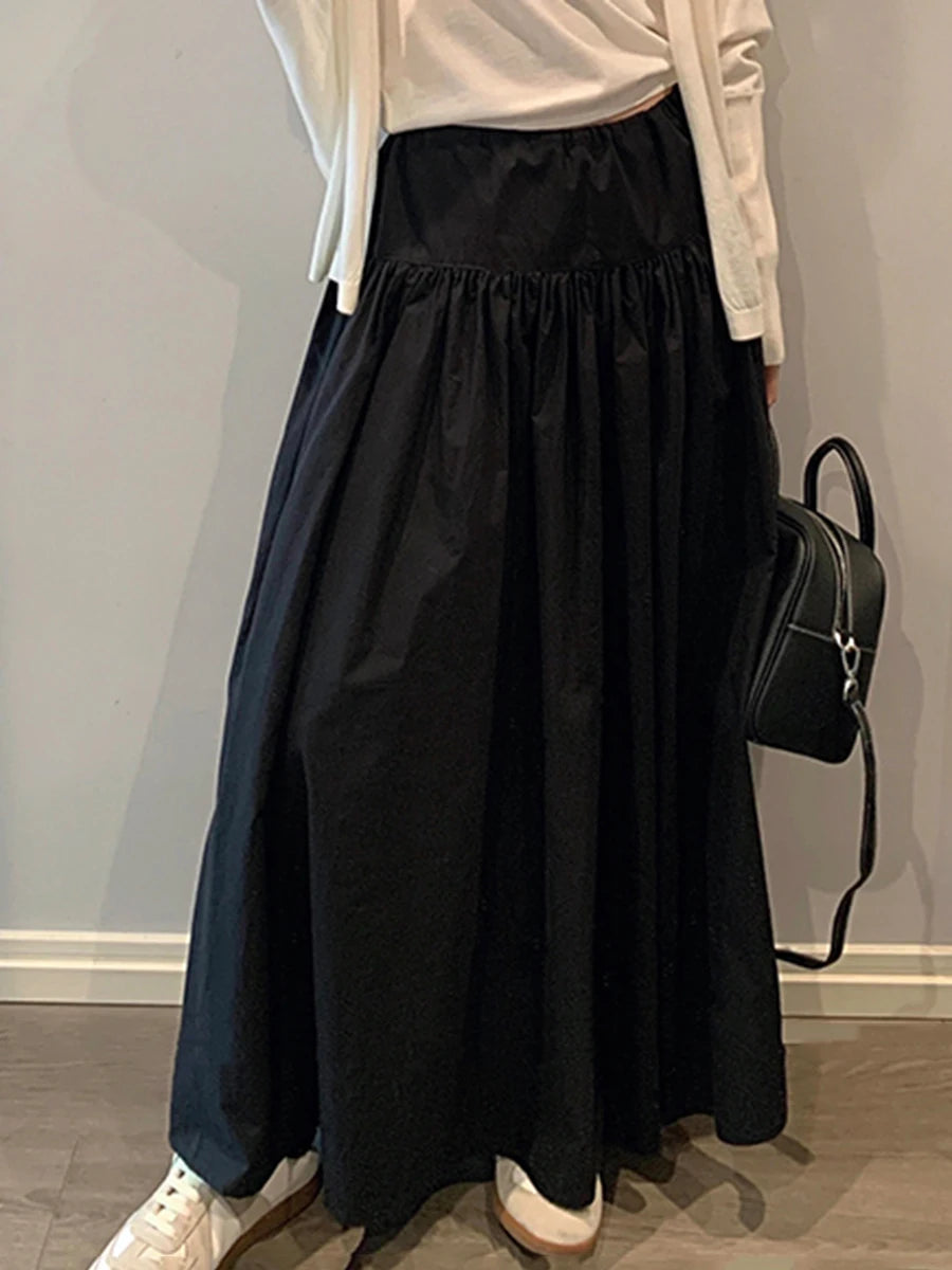 Solid Loose Spliced Folds Casual Skirts for Women High Waist Patchwork Lace Up Minimalist Skirt Female Clothing New