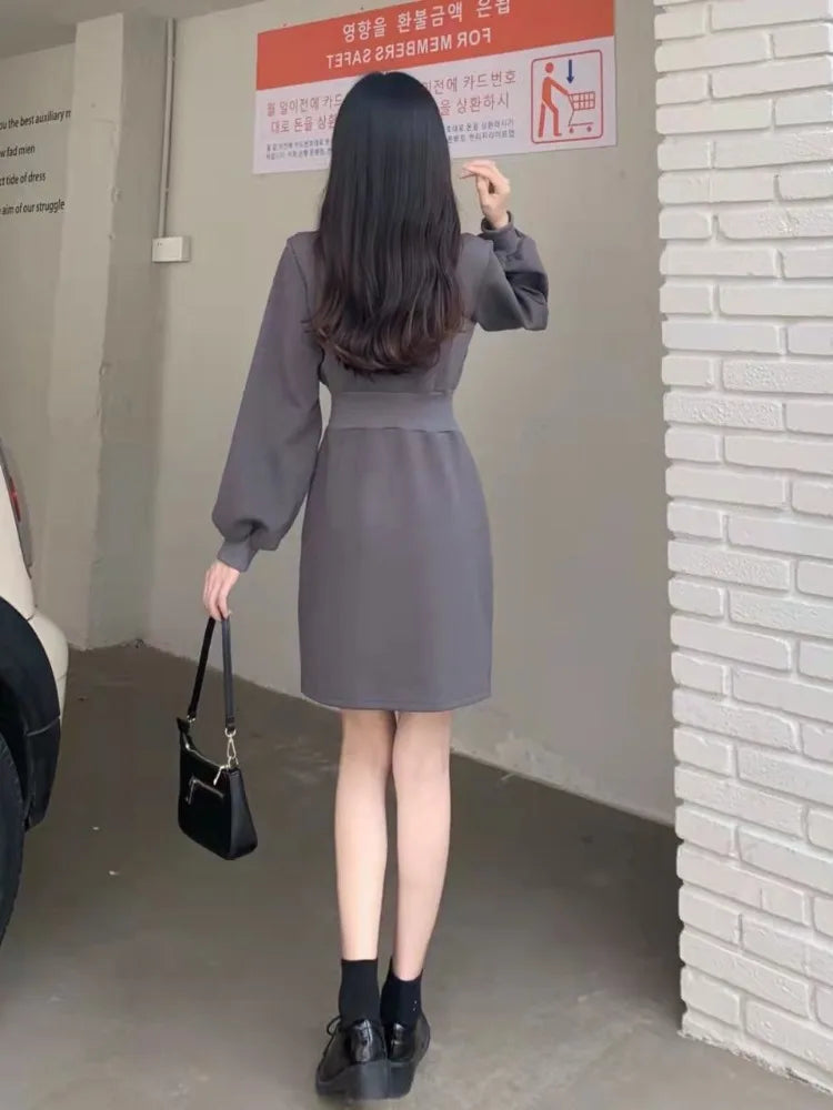 Korean Style Oversize Sport Dress Women School Casual Wrap Zip Long Sleeve Loose Mini Short Dresses Autumn