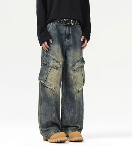 Men's Jeans New American Loose Washed Distressed Design Irregular Pockets Male Trousers Straight Leg Trendy Summer 9W1560