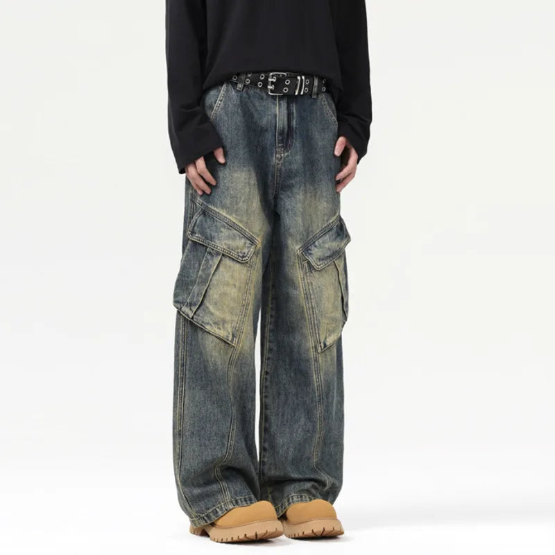 Men's Jeans New American Loose Washed Distressed Design Irregular Pockets Male Trousers Straight Leg Trendy Summer 9W1560