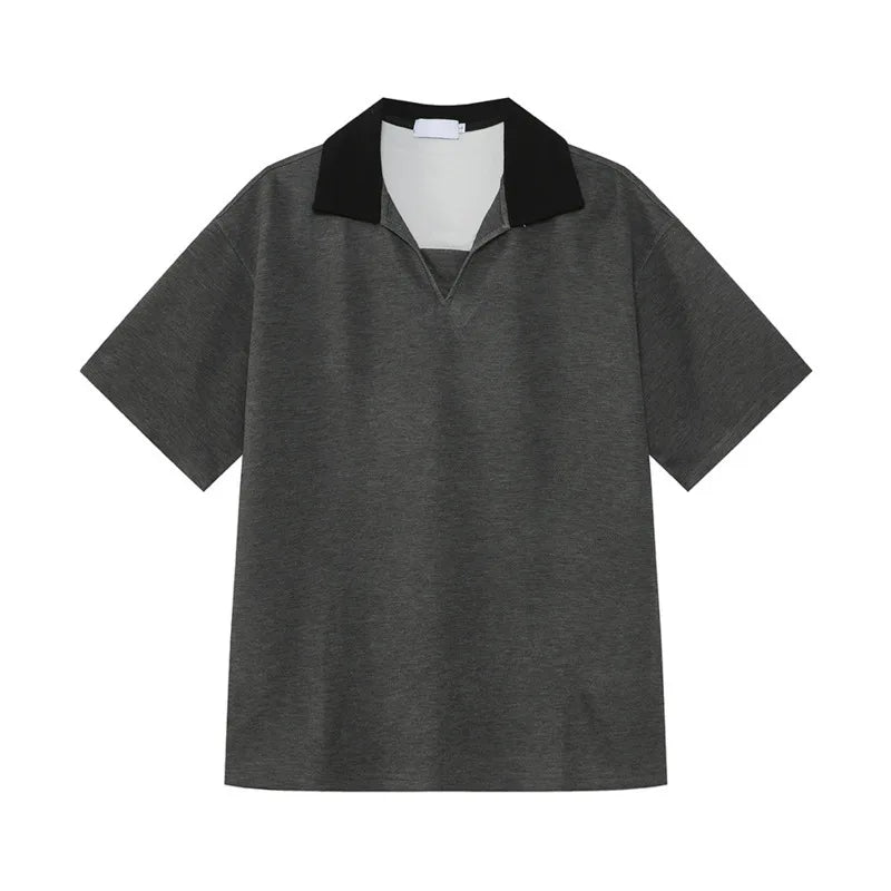 Niche Design Men's Tees Contrast Color Patchwork Turn-down Collar T-shirts Short Sleeved Casual Male Tops Summer 9W1259