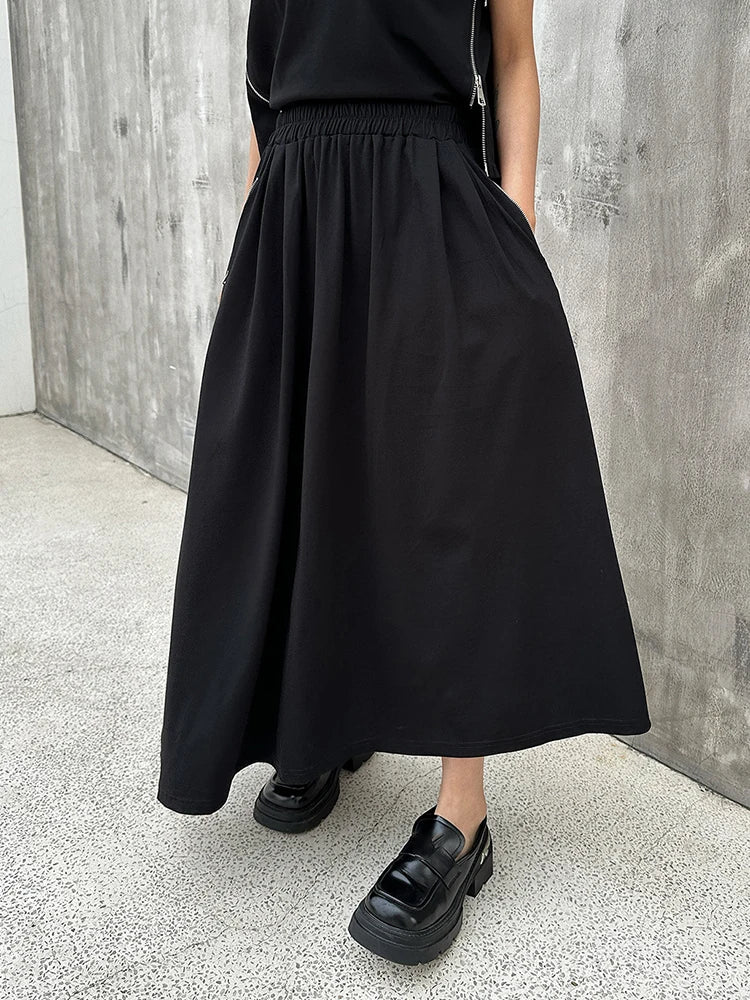 Black Zipper T-shirt Half-body Skirt Two Pieces Suit New Round Neck Sleeveless Women Fashion Spring Summer 2025  1DJ1016