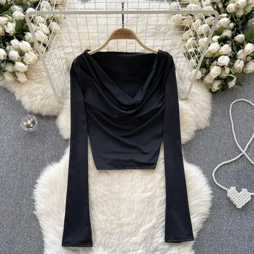 Load image into Gallery viewer, Black Casual Street Style Slim Long Sleeved Ruched Hooded T-shirt Women's Simple Basic Pullover Cropped Tops Fashion Popular New
